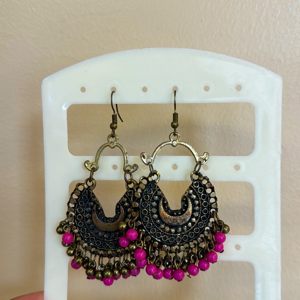 Indian style dangle earrings with pink and gold dangling balls